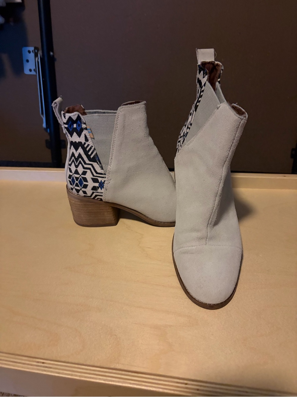 Toms Cream Suede Ankle Booties with Patterned Heel Panel